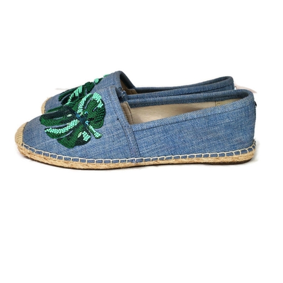 Michael Kors Kendrick Slip On Espadrille Flats Washed Denim Beaded Palm Size 6.5 - Picture 4 of 12